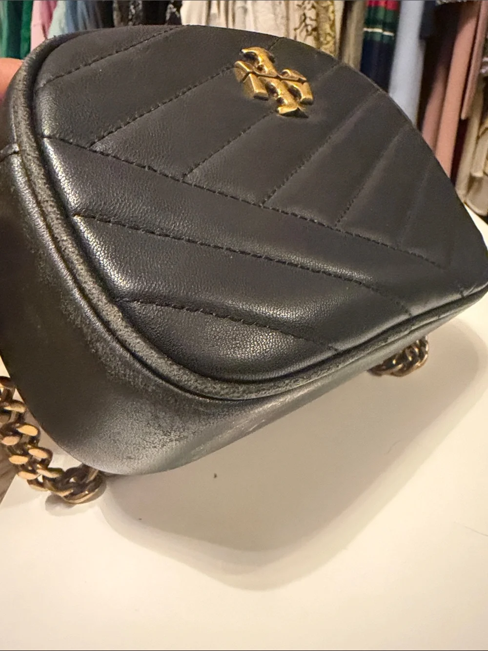 Tory Burch Kira Black Quilted Camera Bag with Gold Logo